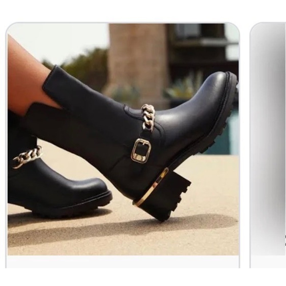 Vince Camuto Black Leather Chain Moto Boots Gold Hardware Lug Sole‎ 8.5M